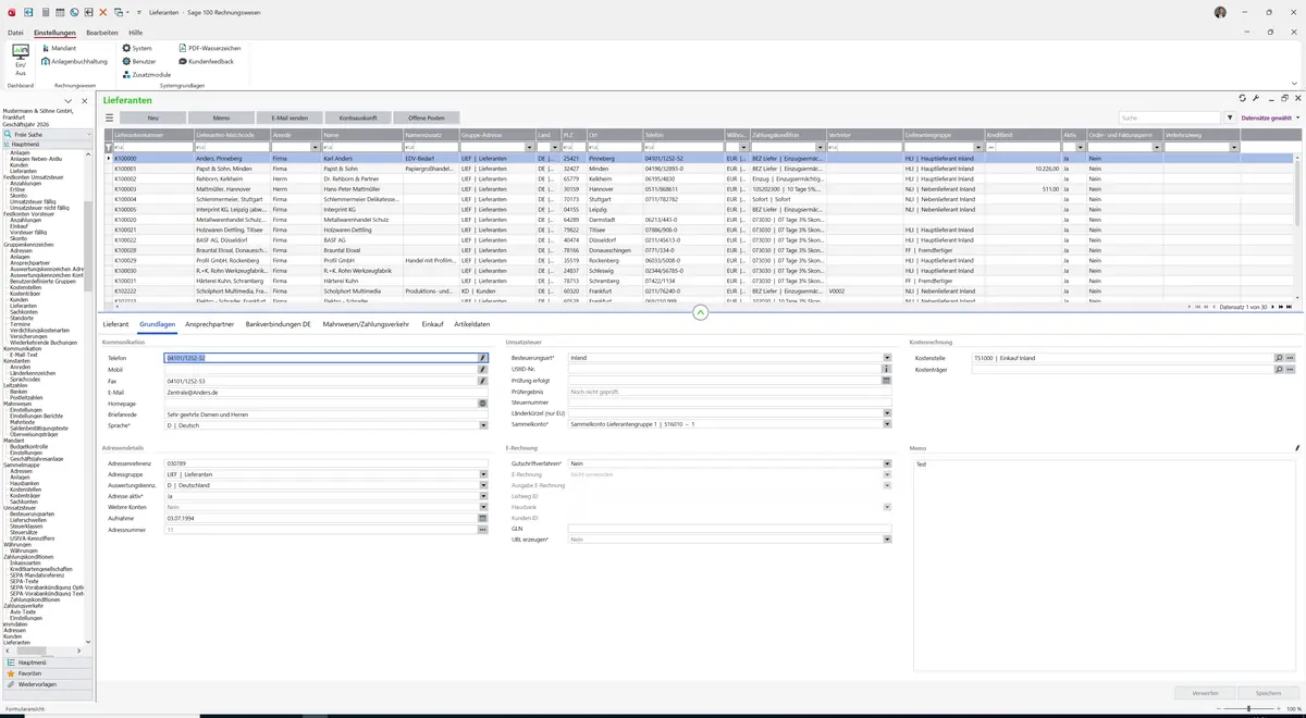 Sage 100 9.0.5.11 Lieferanten: Register Grundlagen