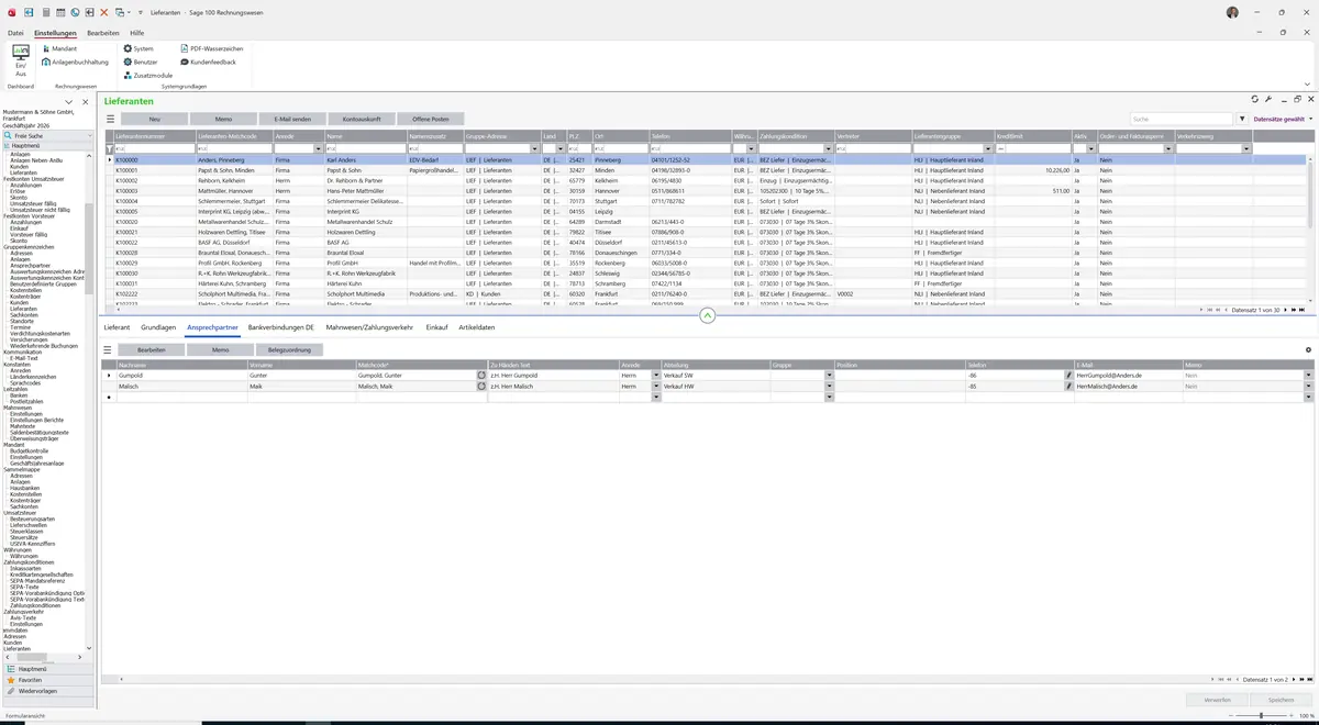 Sage 100 9.0.5.11 Lieferanten: Register Ansprechpartner