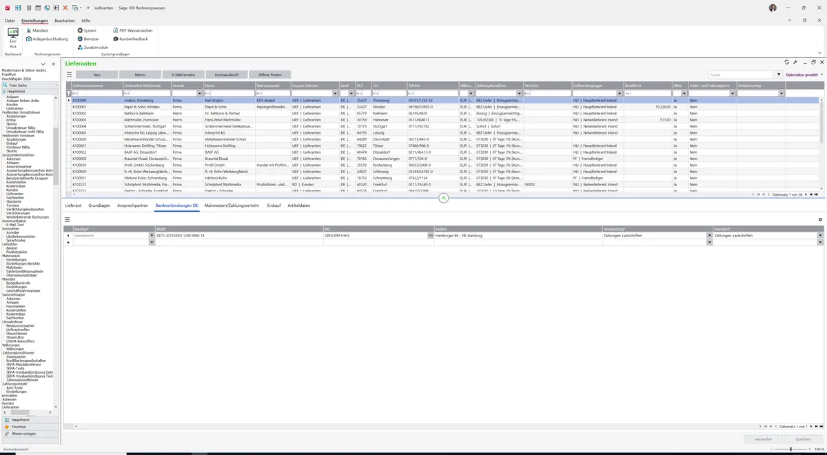 Sage 100 9.0.5.11 Lieferanten: Register Bankverbindungen DE