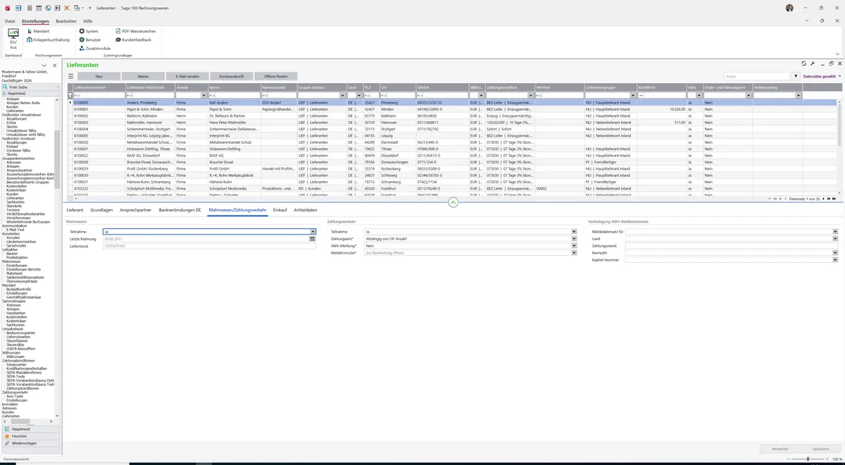 Sage 100 9.0.5.11 Lieferanten: Register Mahnwesen/Zahlungsverkehr