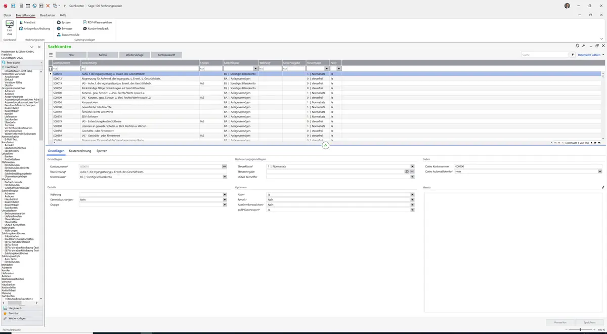 Sage 100 9.0.5.11 Sachkonten (Standardkonfiguration): Datensatz geladen