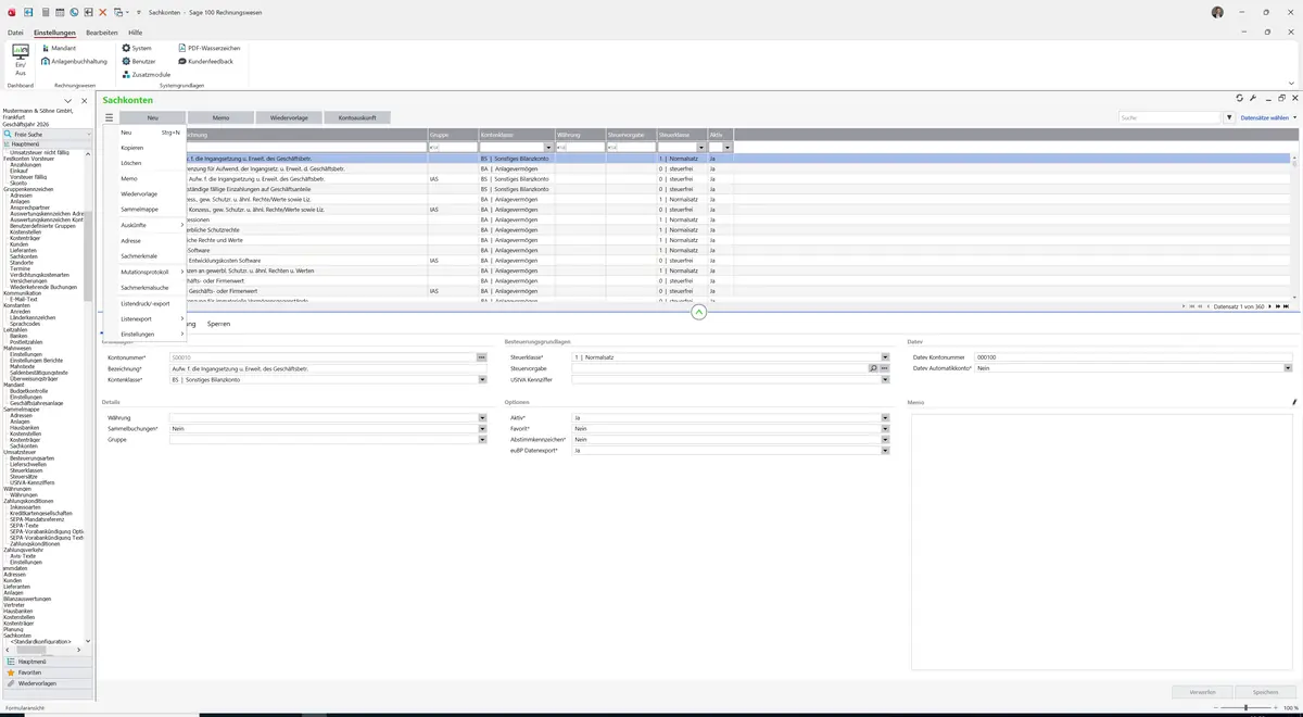 Sage 100 9.0.5.11 Sachkonten (Standardkonfiguration): Datenklassenmenü