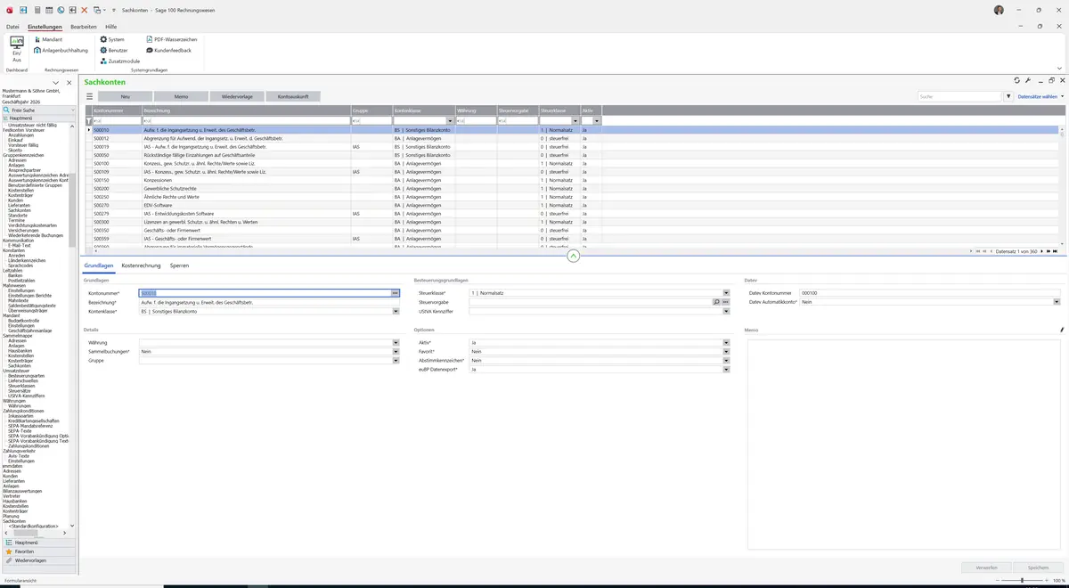 Sage 100 9.0.5.11 Sachkonten (Standardkonfiguration): Register Grundlagen
