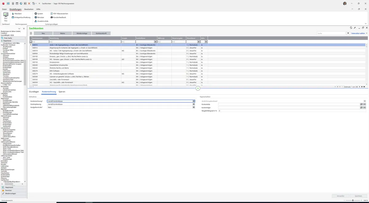 Sage 100 9.0.5.11 Sachkonten (Standardkonfiguration): Register Kostenrechnung