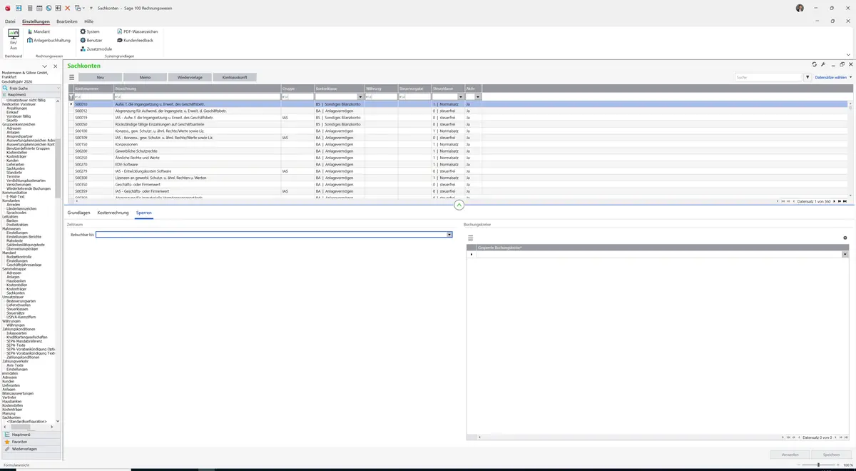 Sage 100 9.0.5.11 Sachkonten (Standardkonfiguration): Register Sperren