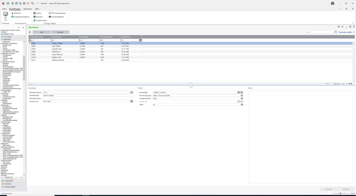 Sage 100 9.0.5.11 Vertreter: Datensatz geladen