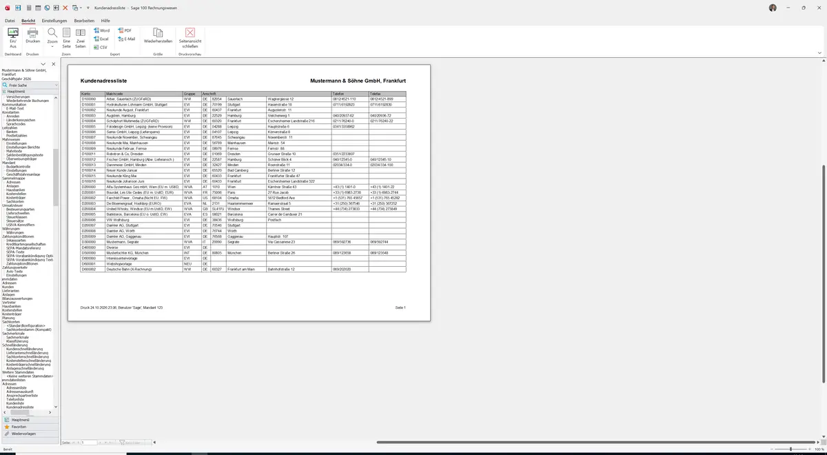 Sage 100 9.0.5.11 Kundenadressliste: Bericht Vorschau