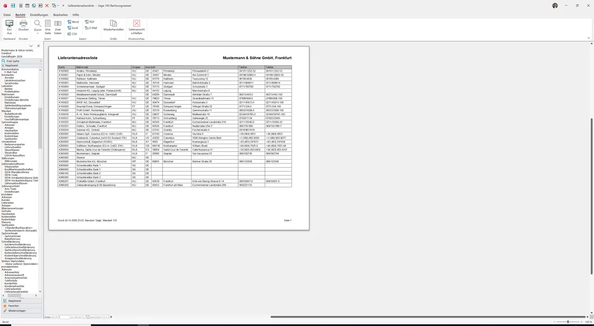 Sage 100 9.0.5.11 Lieferantenadressliste: Bericht Vorschau