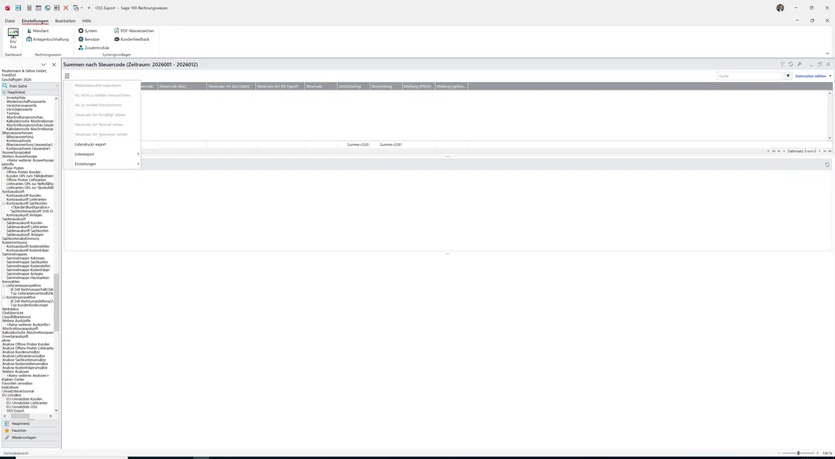 Sage 100 9.0.5.11 OSS Export: Datenklassenmenü