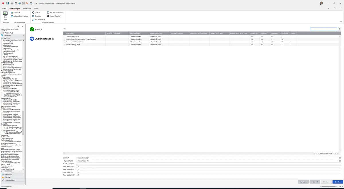 Sage 100 9.0.5.11 Umsatzsteuerjournal: Assistent: Schritt Druckereinstellungen