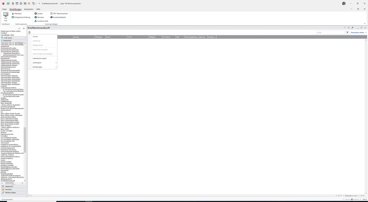 Sage 100 9.0.5.11 Kreditkartenauskunft: Datenklassenmenü