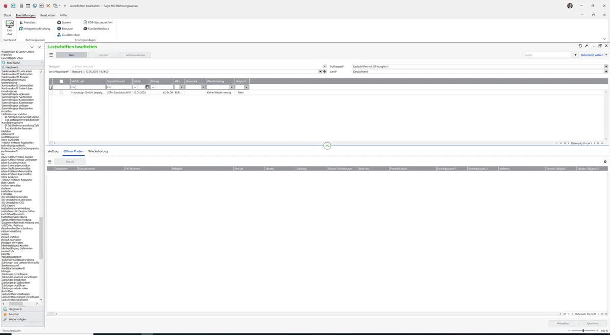 Sage 100 9.0.5.11 Lastschriften bearbeiten: Register Offene Posten
