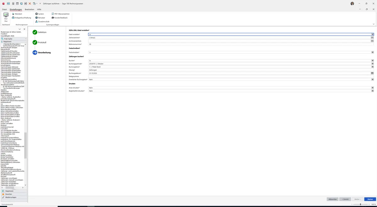 Sage 100 9.0.5.11 Zahlungen ausführen: Assistent: Datei, Buchung, Druck