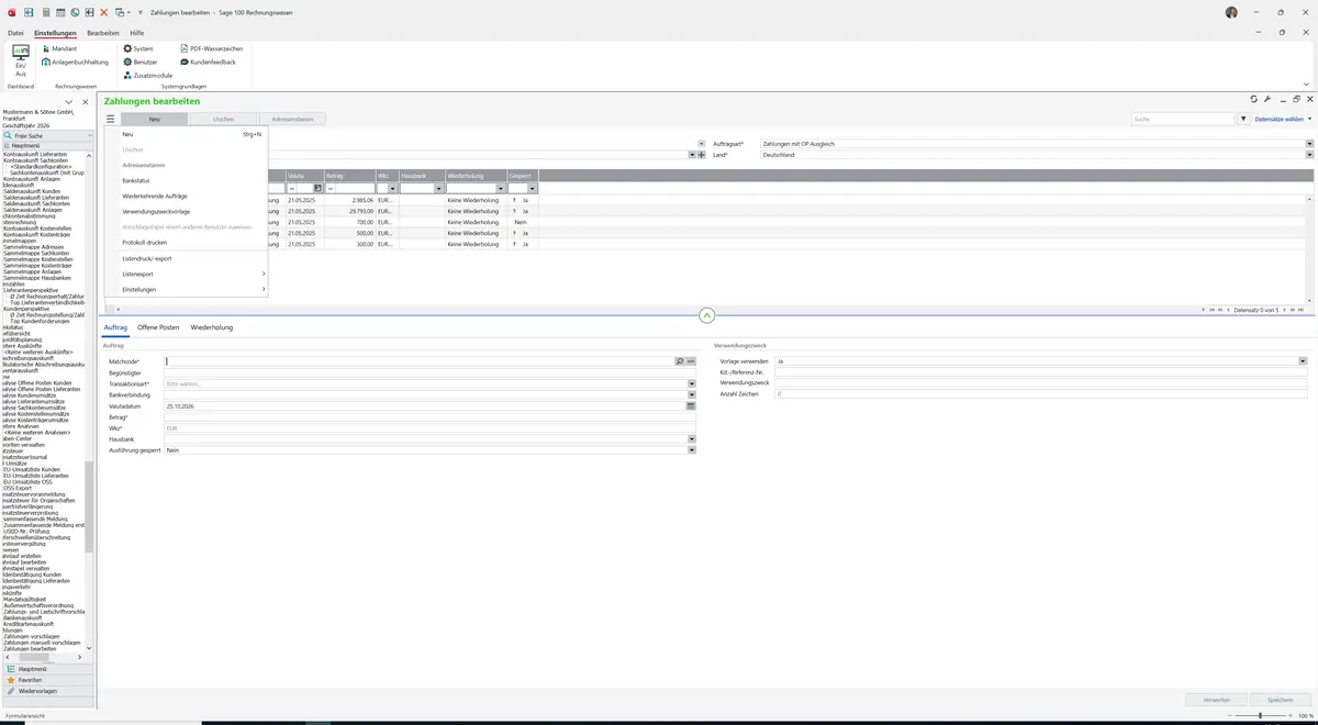 Sage 100 9.0.5.11 Zahlungen bearbeiten: Datenklassenmenü