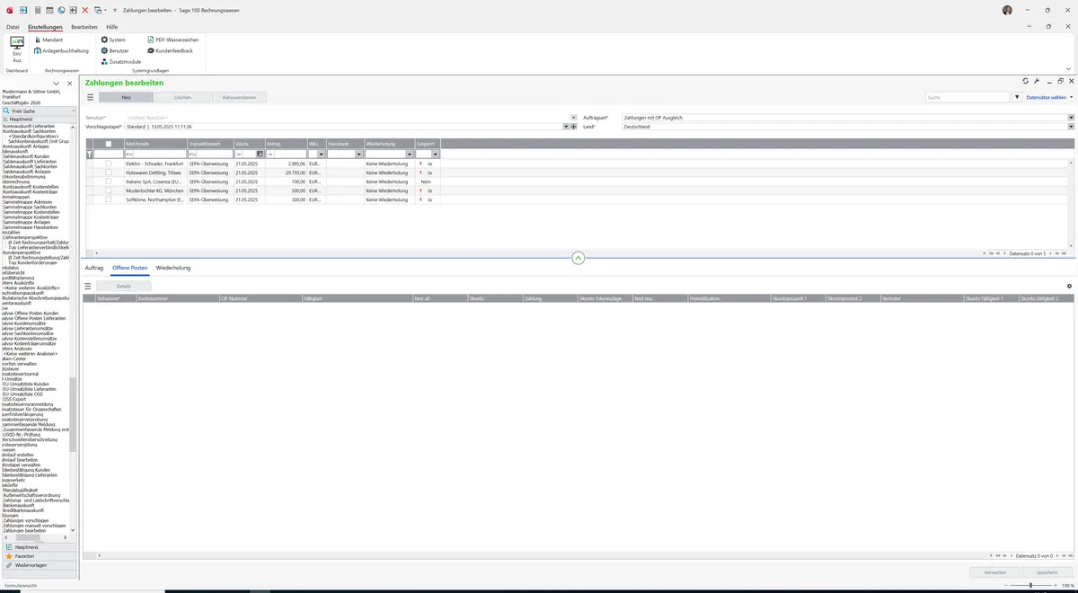 Sage 100 9.0.5.11 Zahlungen bearbeiten: Register Offene Posten
