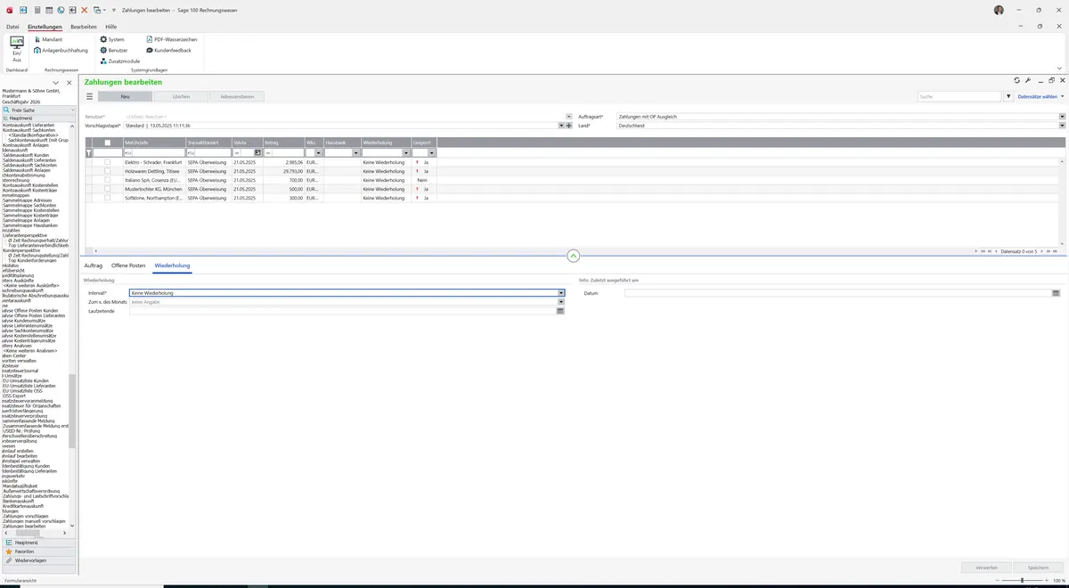 Sage 100 9.0.5.11 Zahlungen bearbeiten: Register Wiederholung