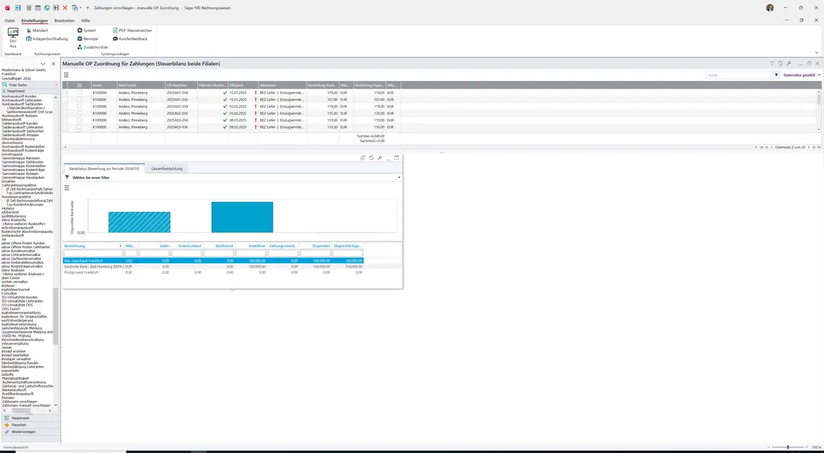 Sage 100 9.0.5.11 Zahlungen manuell vorschlagen: Register Bankstatus