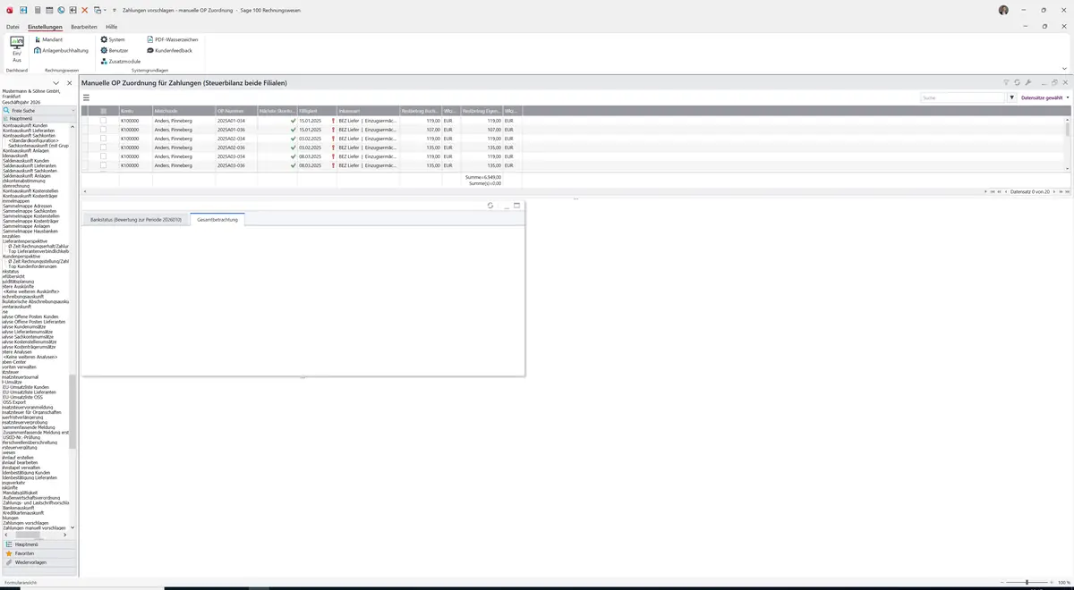 Sage 100 9.0.5.11 Zahlungen manuell vorschlagen: Register Gesamtbetrachtung
