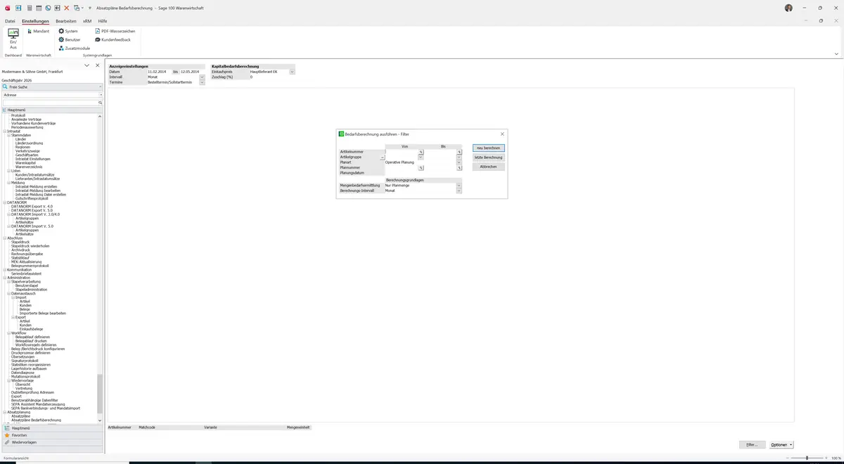 Sage 100 9.0.5.11 Absatzpläne Bedarfsberechnung: Filterdialog Bedarfsberechnung