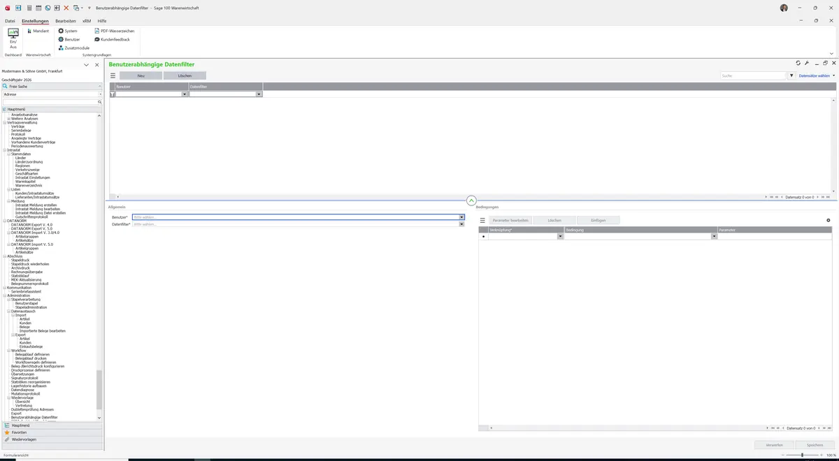 Sage 100 9.0.5.11 Benutzerabhängige Datenfilter: Maske Benutzerabhängige Datenfilter