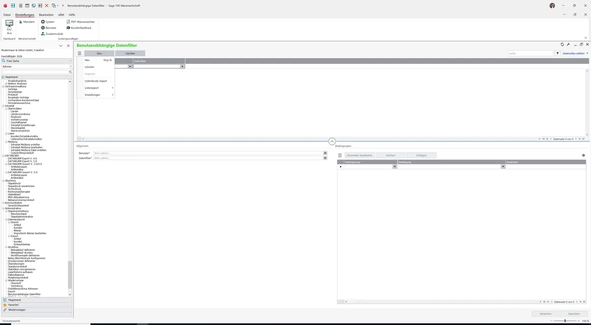 Sage 100 9.0.5.11 Benutzerabhängige Datenfilter: Datenklassenmenü