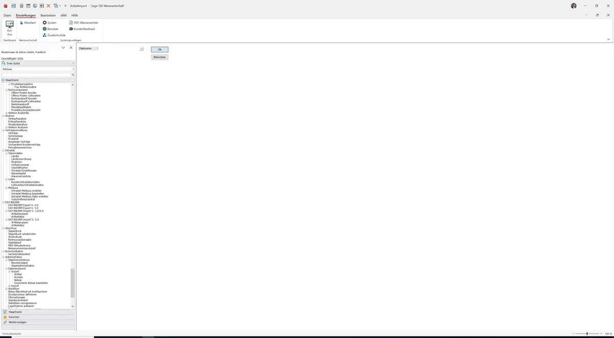 Sage 100 9.0.5.11 Artikelimport: Maske Artikelimport