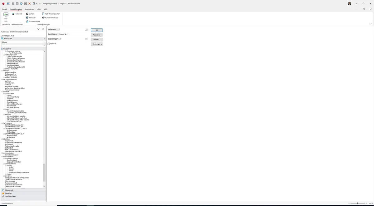 Sage 100 9.0.5.11 Belege importieren: Maske Belege importieren