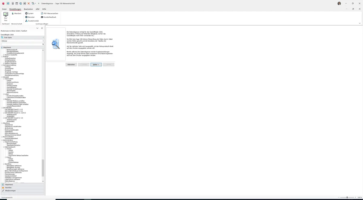 Sage 100 9.0.5.11 Datendiagnose: Assistent: Startseite