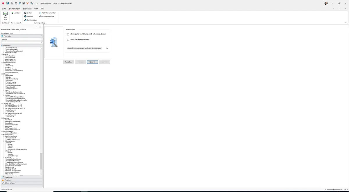 Sage 100 9.0.5.11 Datendiagnose: Assistent: Seite Einstellungen