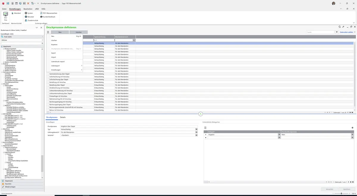 Sage 100 9.0.5.11 Druckprozesse definieren: Datenklassenmenü