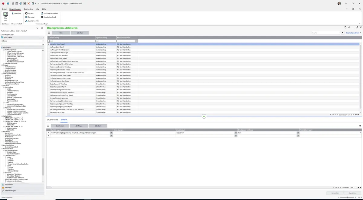 Sage 100 9.0.5.11 Druckprozesse definieren: Register Details