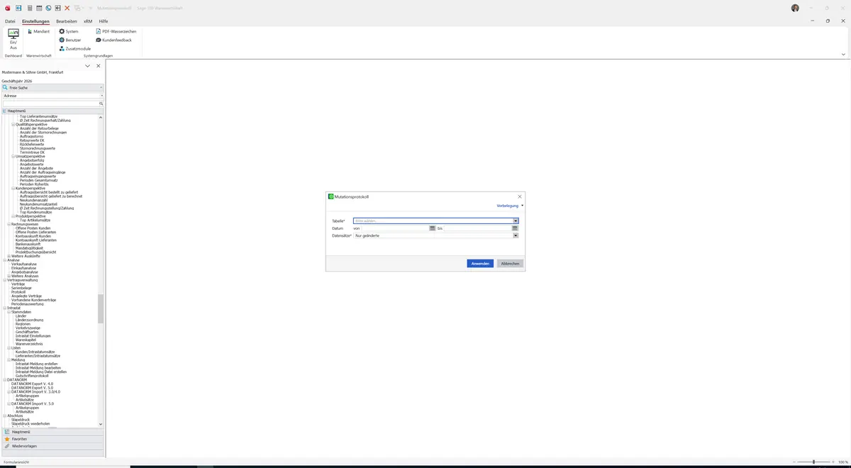 Sage 100 9.0.5.11 Mutationsprotokoll: Vorschaltdialog Mutationsprotokoll
