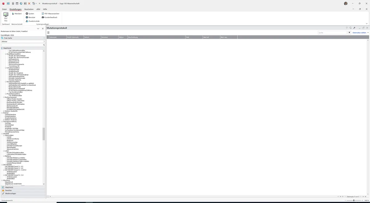 Sage 100 9.0.5.11 Mutationsprotokoll: Ergebnisliste Tabelle AfA-Daten