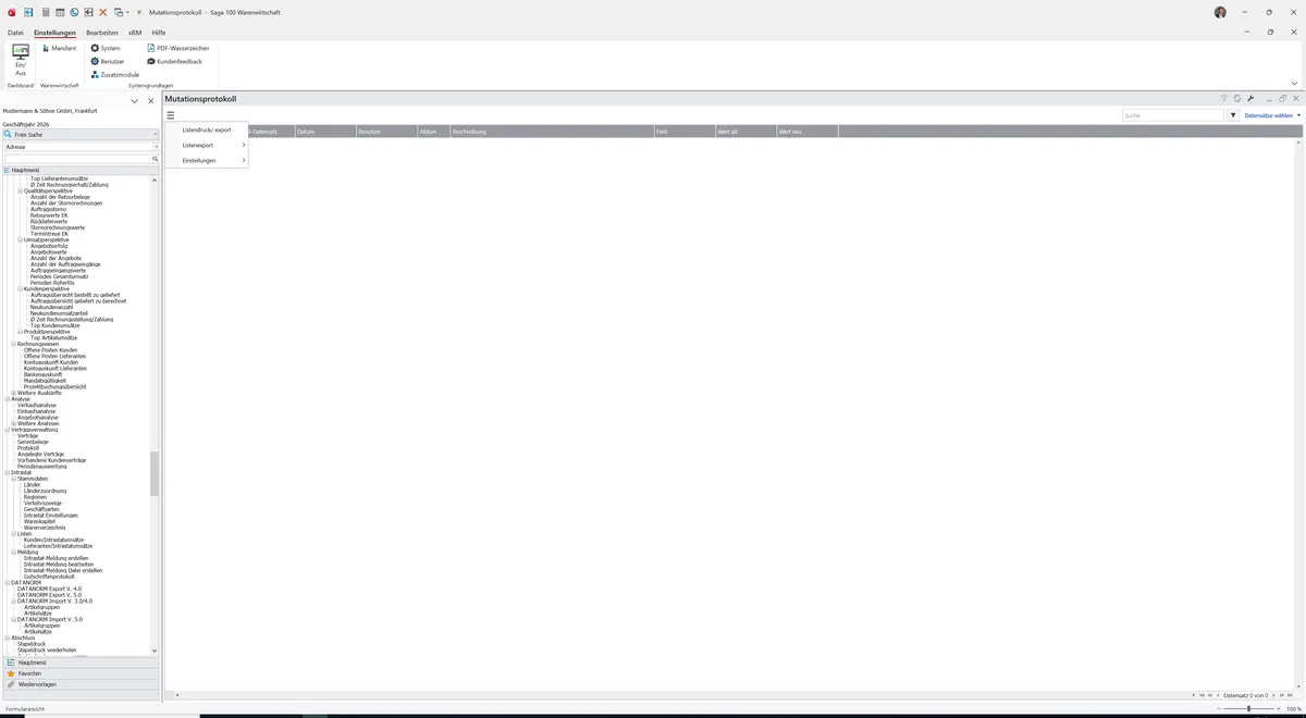 Sage 100 9.0.5.11 Mutationsprotokoll: Datenklassenmenü