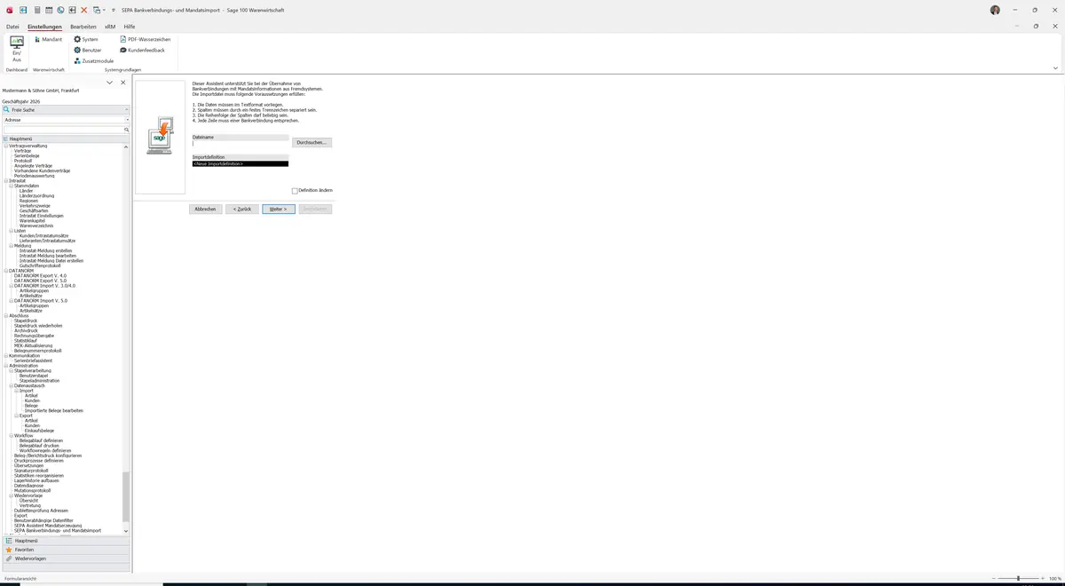 Sage 100 9.0.5.11 SEPA Bankverbindungs- und Mandatsimport: Assistent: Dateiauswahl