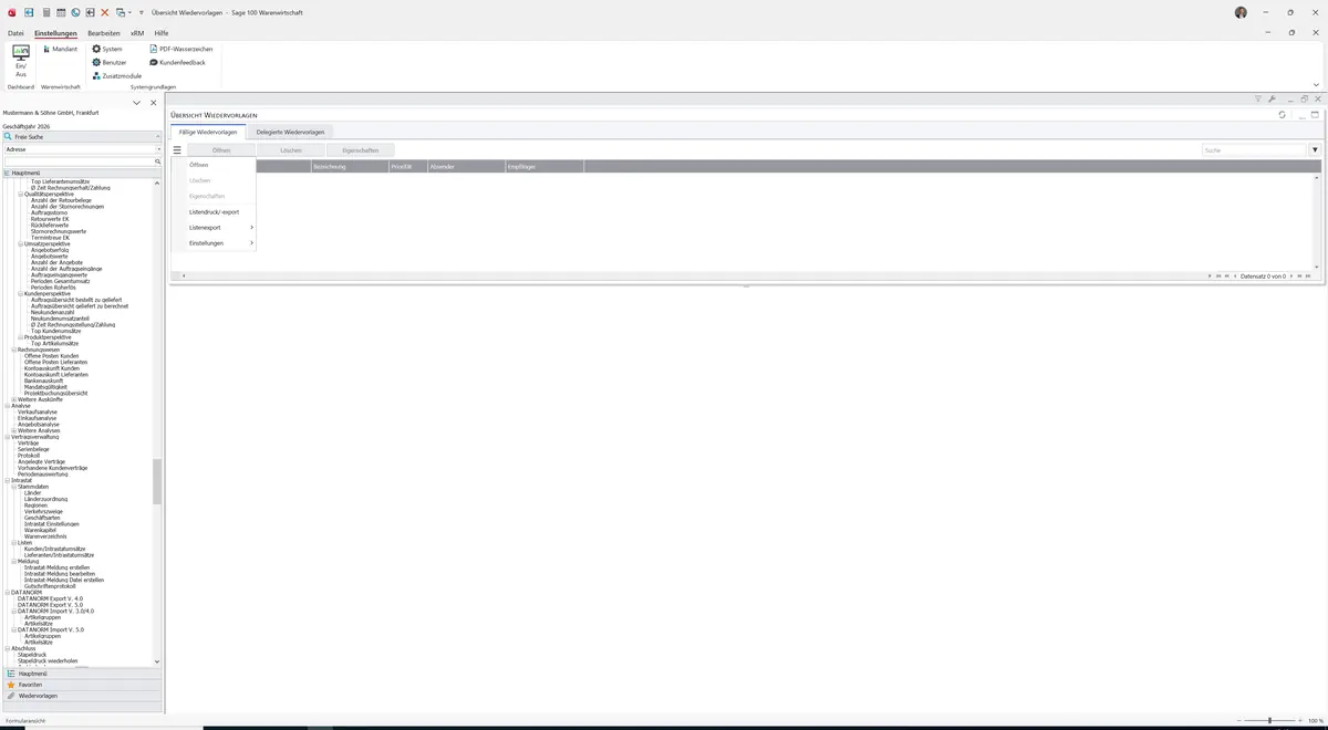 Sage 100 9.0.5.11 Übersicht Wiedervorlagen: Datenklassenmenü