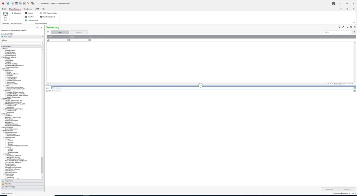 Sage 100 9.0.5.11 Vertretung: Maske Vertretung