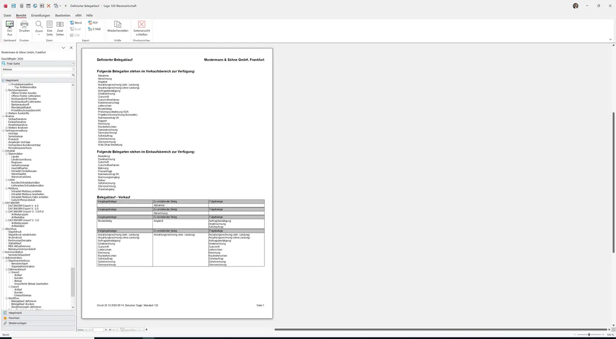 Sage 100 9.0.5.11 Belegablauf drucken: Berichtsvorschau Definierter Belegablauf