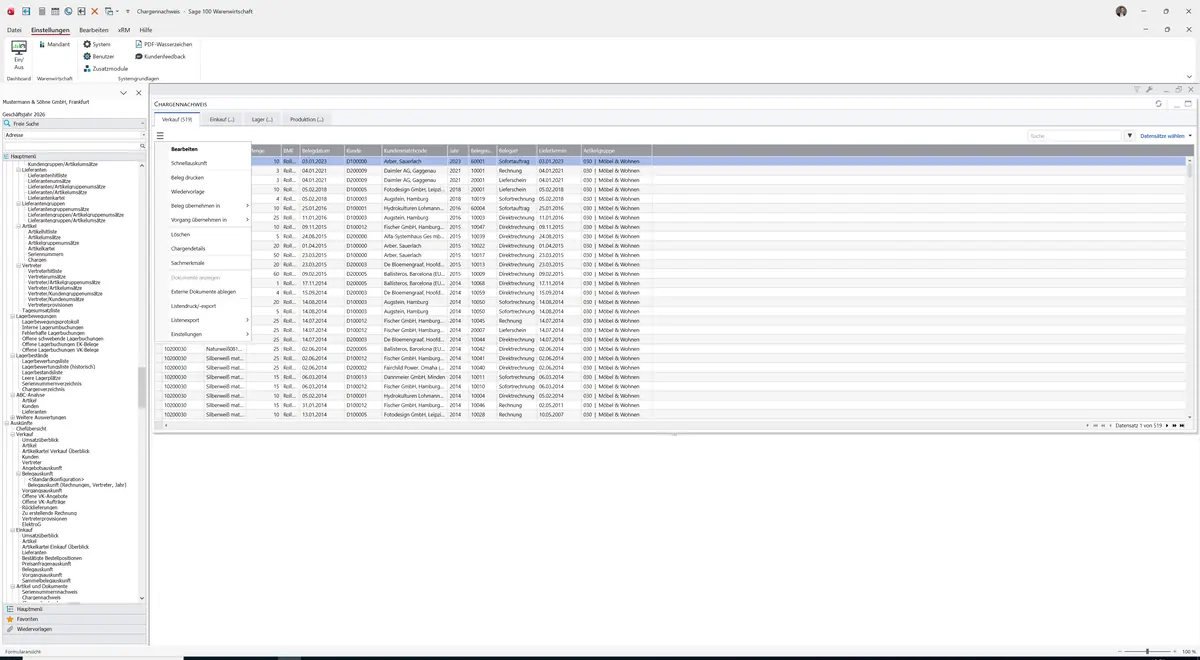 Sage 100 9.0.5.11 Chargennachweis: Datenklassenmenü