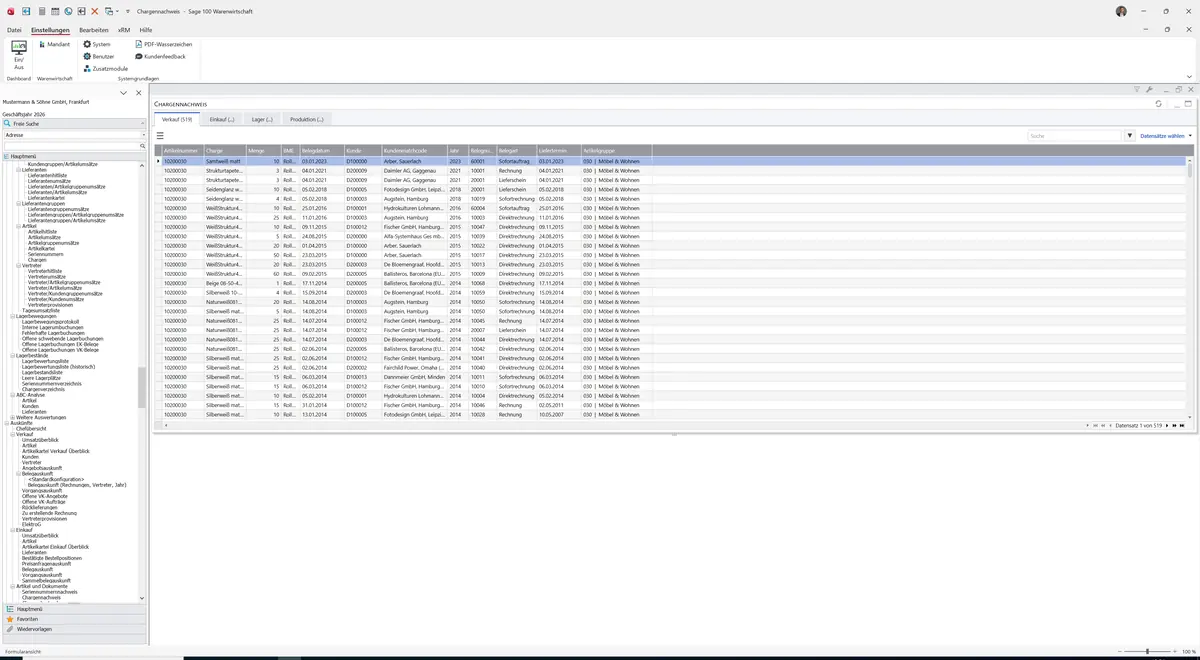Sage 100 9.0.5.11 Chargennachweis: Register Verkauf