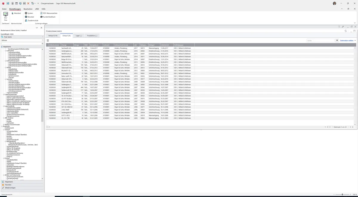 Sage 100 9.0.5.11 Chargennachweis: Register Einkauf