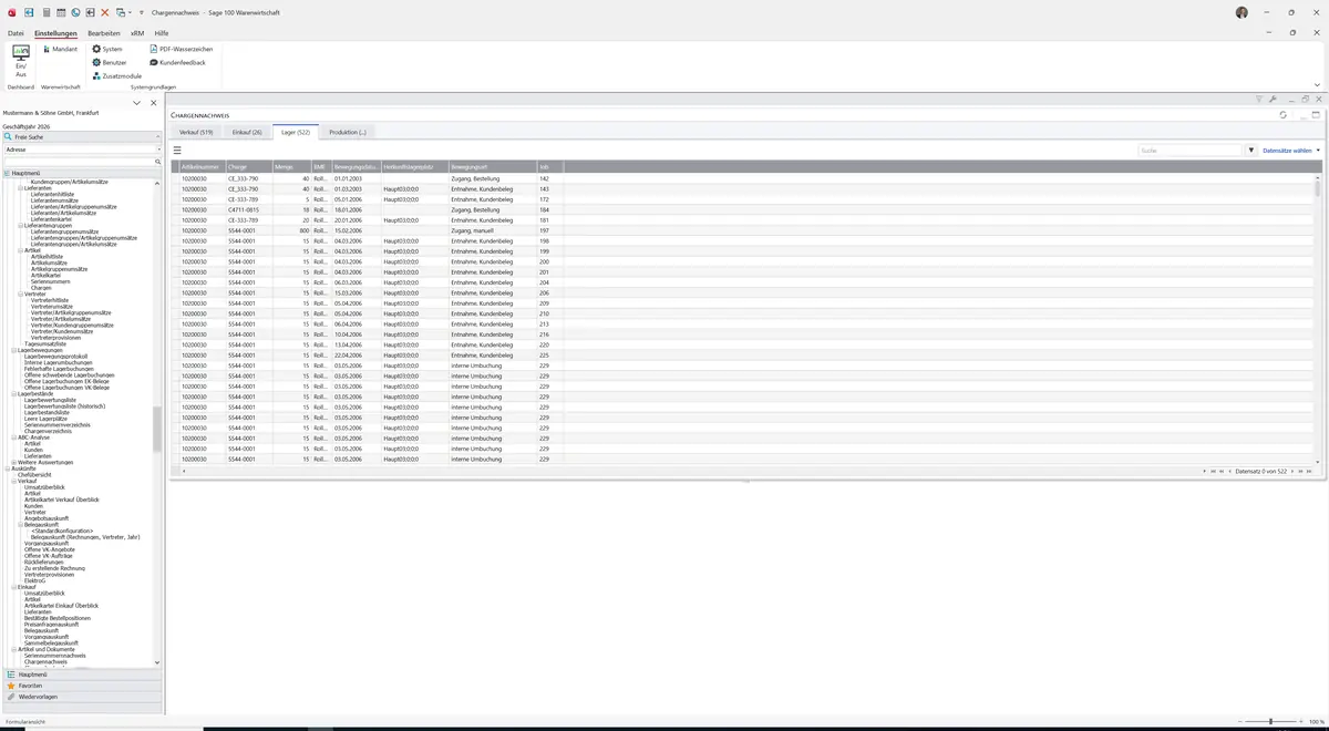 Sage 100 9.0.5.11 Chargennachweis: Register Lager