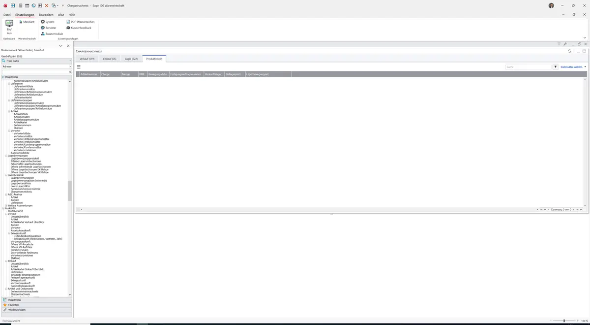 Sage 100 9.0.5.11 Chargennachweis: Register Produktion