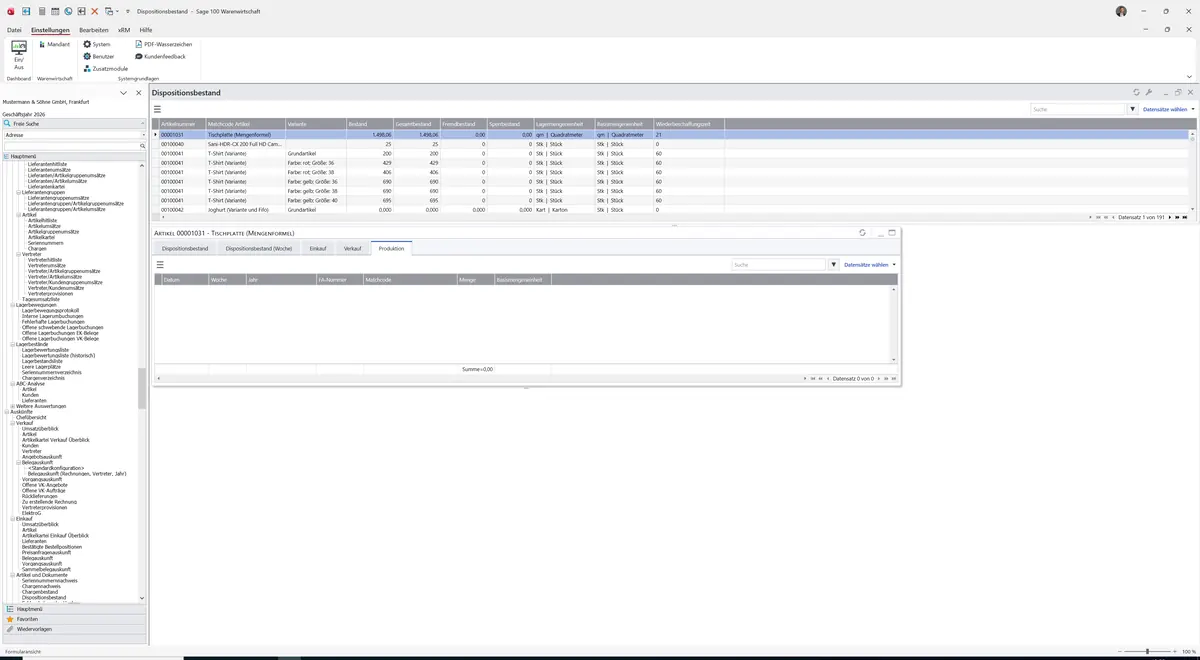 Sage 100 9.0.5.11 Dispositionsbestand: Register Produktion