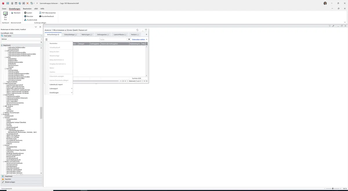 Sage 100 9.0.5.11 Sammelmappe Adressen: Datenklassenmenü