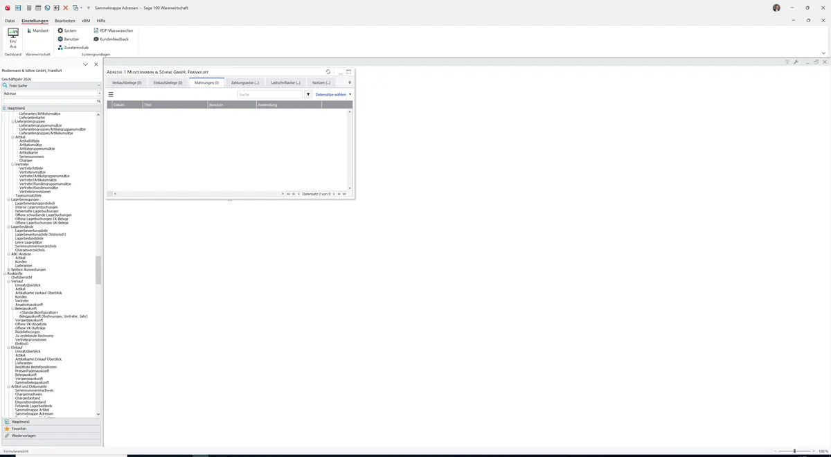 Sage 100 9.0.5.11 Sammelmappe Adressen: Register Mahnungen