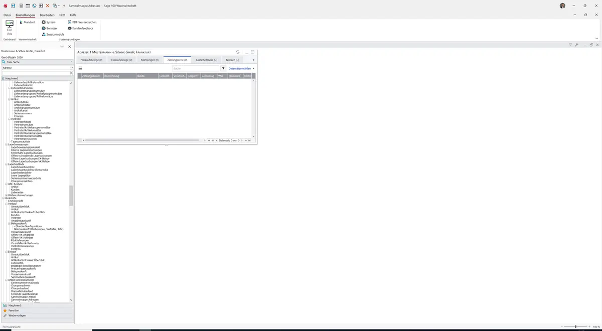 Sage 100 9.0.5.11 Sammelmappe Adressen: Register Zahlungsavise