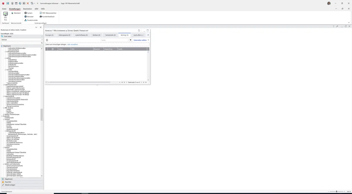 Sage 100 9.0.5.11 Sammelmappe Adressen: Register Wichtig!