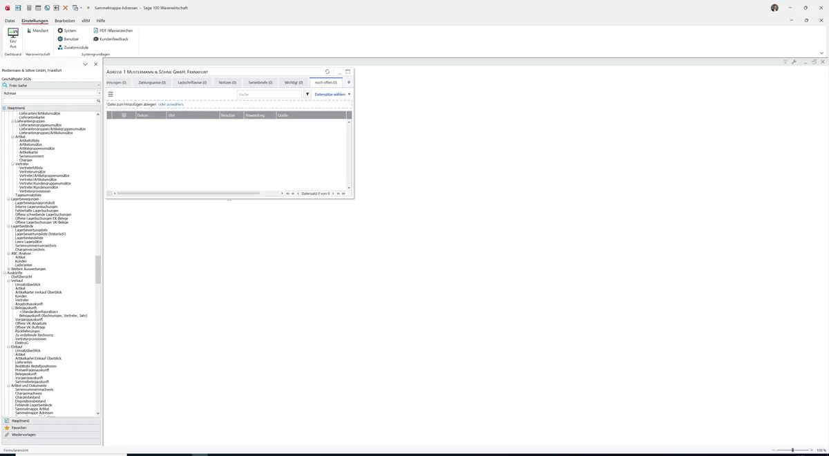 Sage 100 9.0.5.11 Sammelmappe Adressen: Register noch offen