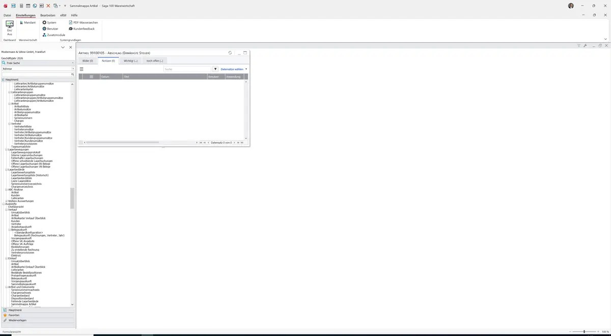 Sage 100 9.0.5.11 Sammelmappe Artikel: Register Notizen